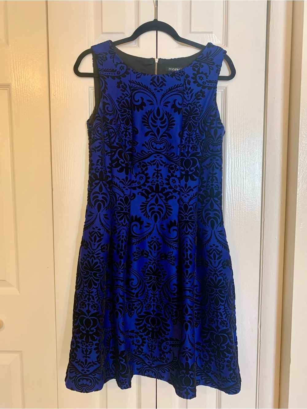 Roz & Ali Royal Blue and Black Flocked Fit-and-Flare Dress